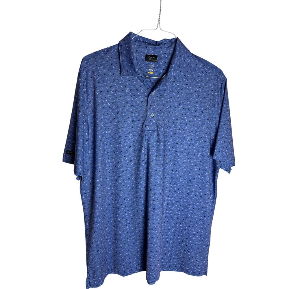Greg Norman Men’s Large Blue Shark Print ML75 Stretch Play Dry Golf Polo